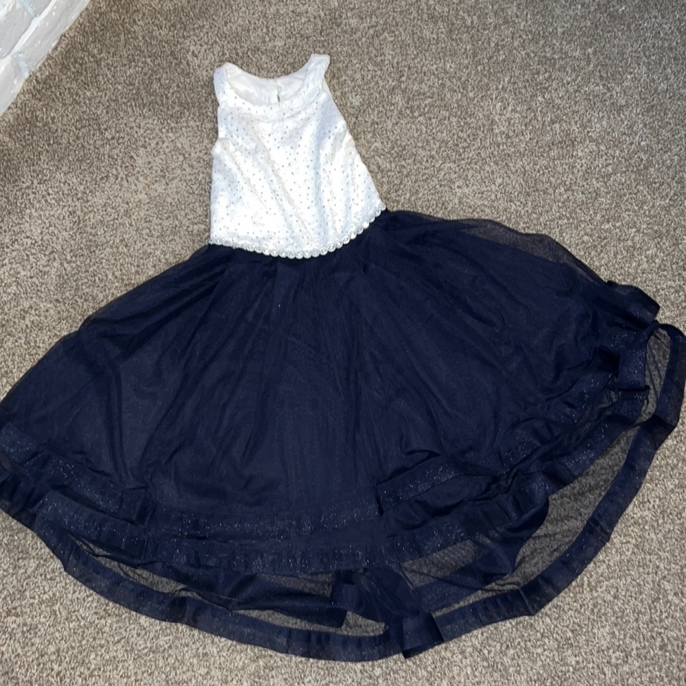 White and blue formal dress with a flare skirt